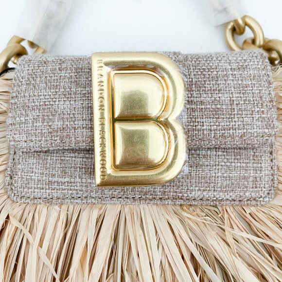 Brandon Blackwood Micro Nia Bag in Beige Linen with Fringed Wicker and Gold Bras - Picture 12 of 14